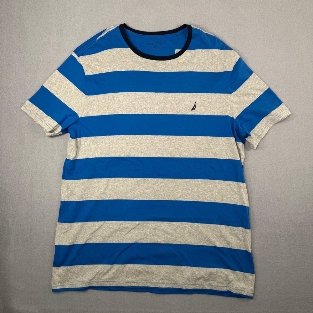Nautica Striped Shirt 2XL Blue Grey Preppy Nautical Mens Rugby